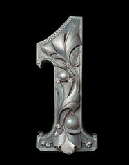 Fototapeta premium 1 one number silver steel iron metal metallic on black background isolated simple minimalist modern design decorated 