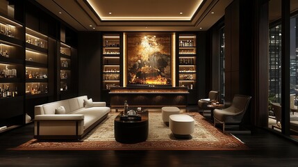 Obraz premium sleek dark room exuding elegance and sophistication softly illuminated by ambient lighting creating a perfect atmosphere for introspection or creative brainstorming with ample negative space