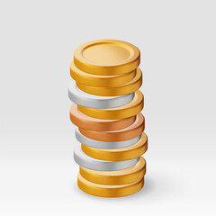 3D stack of gold, silver and bronze coins. Pile of american dollar coin render. Dollar golden money sign. Growth, income, savings, investment. Symbol of wealth. Business success. Vector illustration