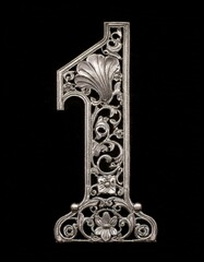 1 one number silver steel iron metal metallic on black background isolated simple minimalist modern design decorated 