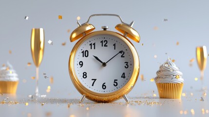 A golden alarm clock sits among sparkling champagne flutes and cupcakes, celebrating a festive occasion with a cheerful ambiance.