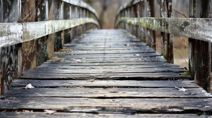 An old wooden bridge with visible grains and textures, showcasing the beauty of aged wood