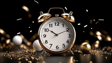 A golden alarm clock surrounded by festive decorations and confetti, symbolizing celebration and the passage of time.
