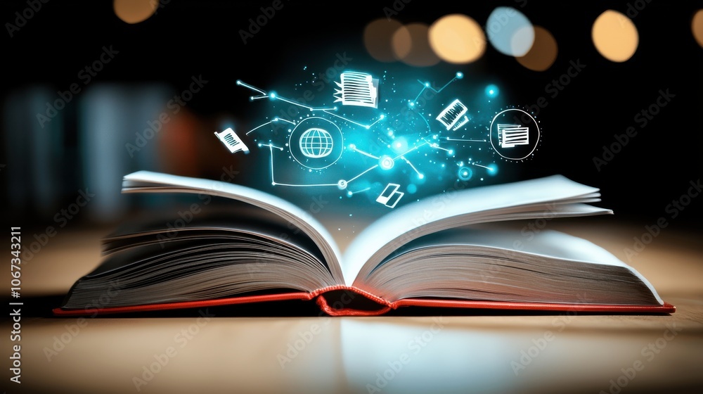 Poster ethereal glowing open book with abstract light elements