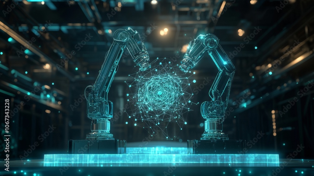 Wall mural futuristic 3d render of two robotic arms manipulating a glowing sphere. artificial intelligence and 
