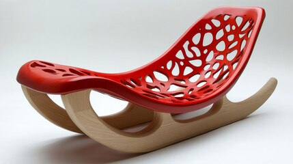 This modern rocking chair features striking red design with unique cut out pattern, combining wood and plastic for stylish and contemporary look