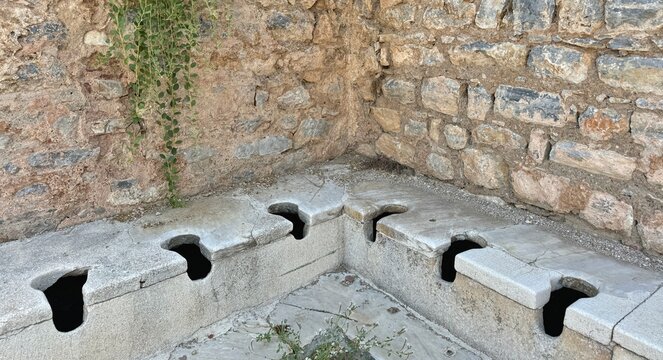 Toilet seats in public latrines remain in Ephesus Ruins, Turkey