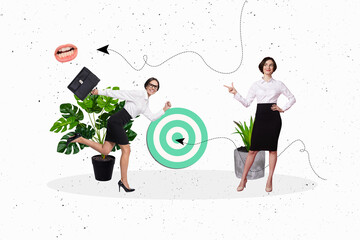 Composite trend artwork sketch image photo collage of miniature two young lady colleagues hold pen...