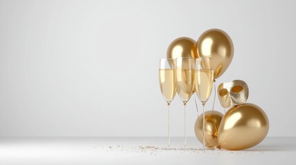 Obraz premium A festive arrangement featuring elegant champagne glasses and golden balloons, perfect for celebrating special occasions.