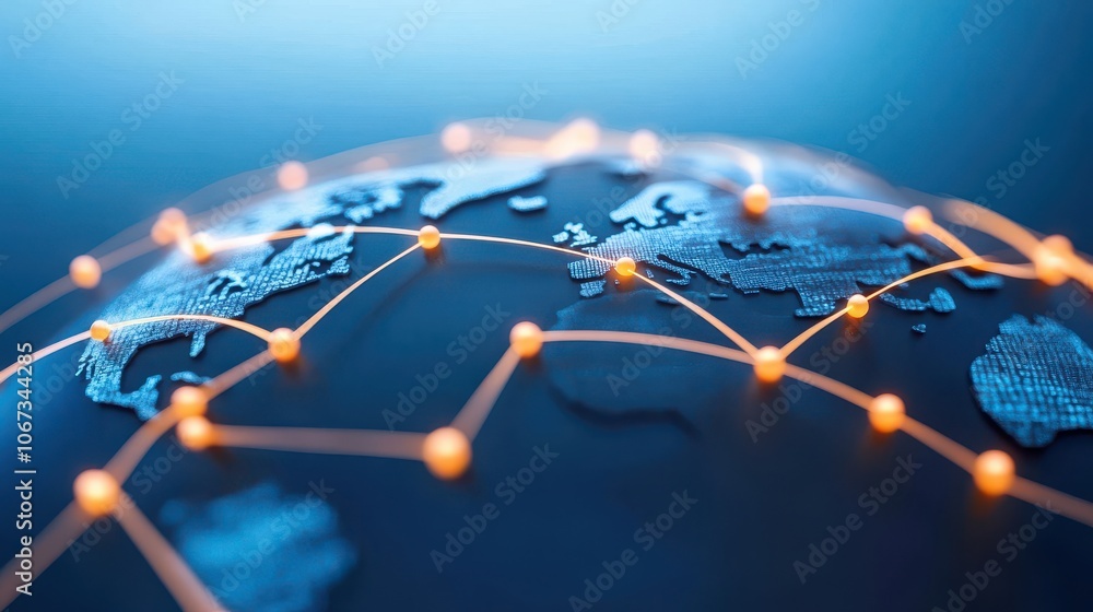 Poster a close-up of a digital globe showcasing global connections and networks highlighted by glowing line