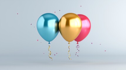 Three vibrant balloons in blue, gold, and pink hang against a soft background, adorned with colorful confetti.