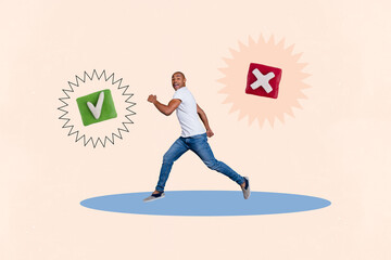 Composite photo collage of happy american man run checkmark confirmation cross icon yes no option...
