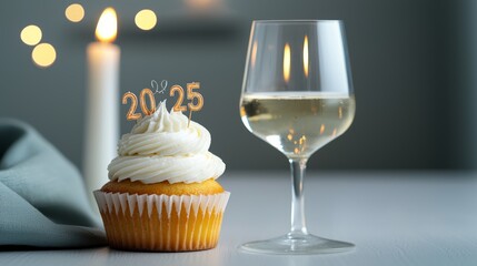 A celebratory scene featuring a cupcake with a "2025" topper and a glass of white wine, set against a softly lit ambiance.