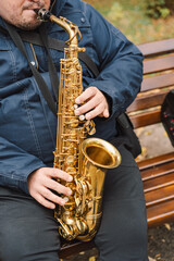 A saxophonist performs in a serene park during autumn while seated on a bench surrounded by fallen...