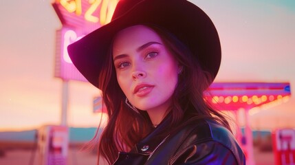 Cowgirl style: portrait of woman in black hat at neon-lit retro gas station at sunset
