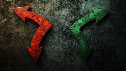 a curved red arrow and a curved green arrow pointing dark background