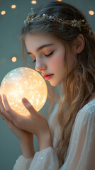 Naklejka premium Girl holding a glowing orb, serene expression, soft ambiance, magical atmosphere.