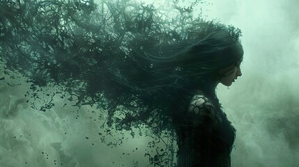 A Woman Lost in a Dreamlike Fog: A Surreal and Haunting Digital Art Piece