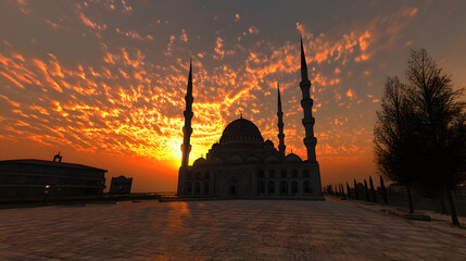 Fototapeta premium 20241105215903list 8 Golden Dawn :mosque illustration. A majestic mosque silhouette stands against a backdrop of a fiery sunrise. The minarets reach skyward, casting elongated shadows on the 