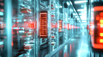 Automated inventory management system in high tech data center, showcasing vibrant lights and