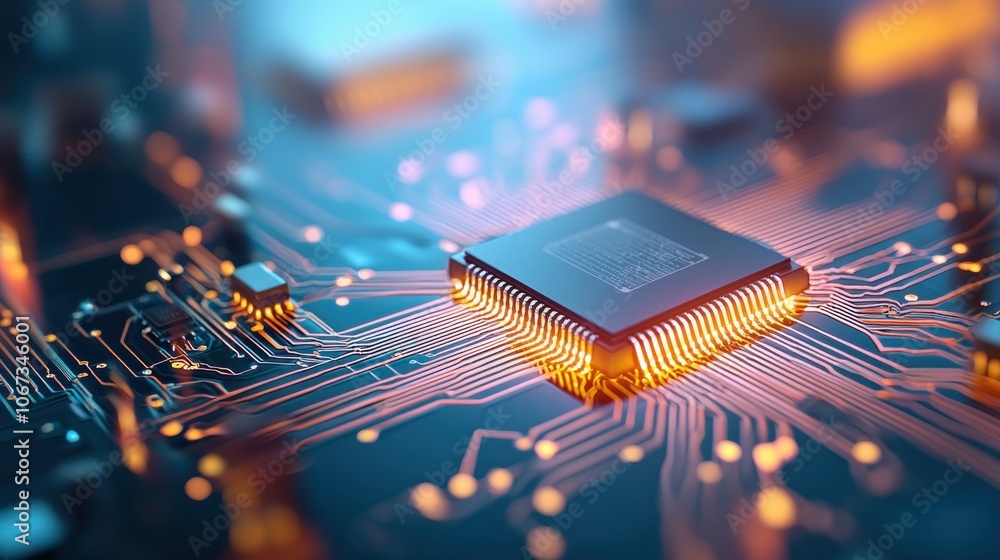 Poster glowing microchip design with intense neon colors