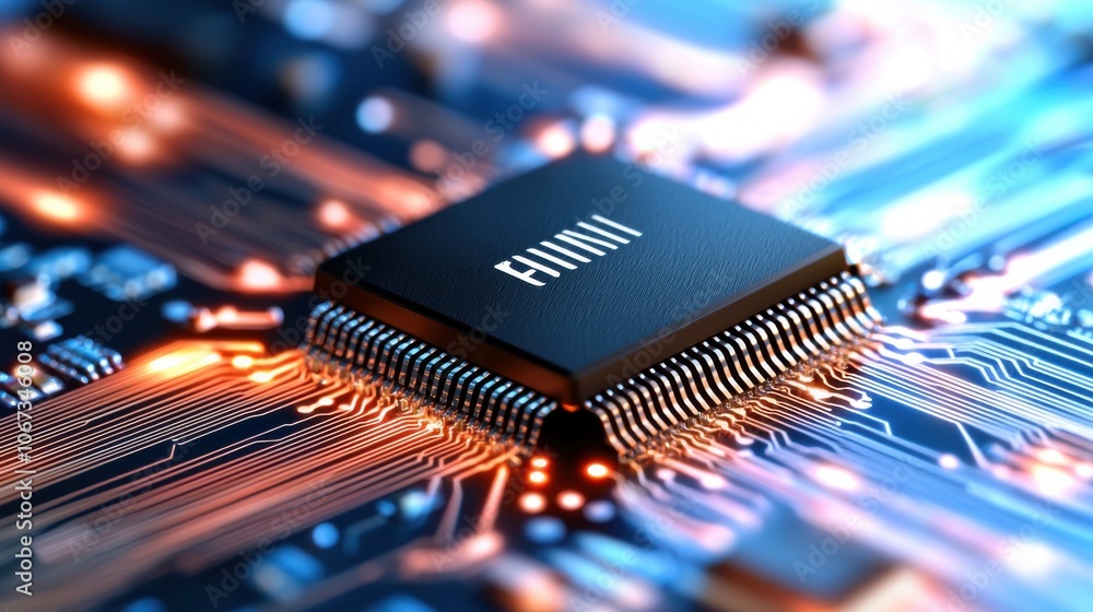 Poster glowing microchip design with neon elements