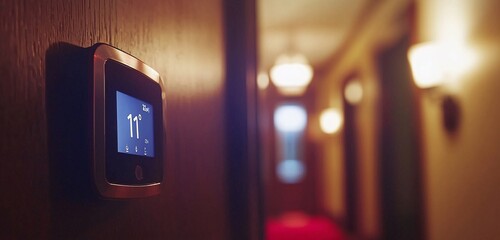 Obraz premium Smart thermostat mounted on the wall, displaying temperature settings, with a softly lit hallway in the background. Modern home automation.
