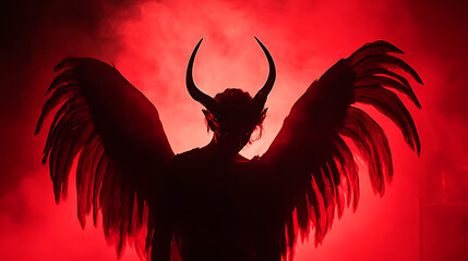Silhouette of a figure with horns and wings against a red smoky background.