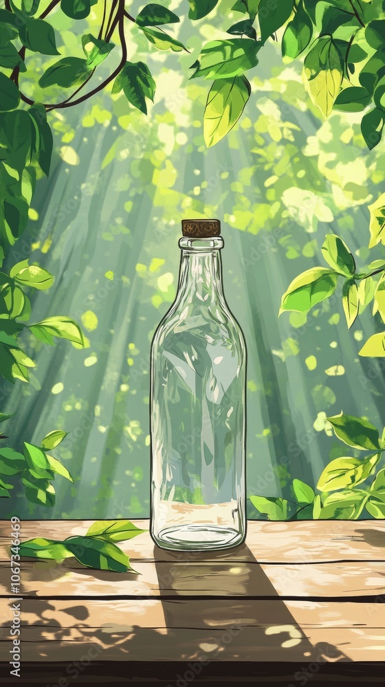 Poster glass bottle on rustic table with lush greenery in background
