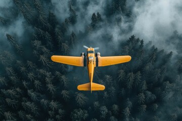 Aerial view of a yellow plane soaring over a misty forest