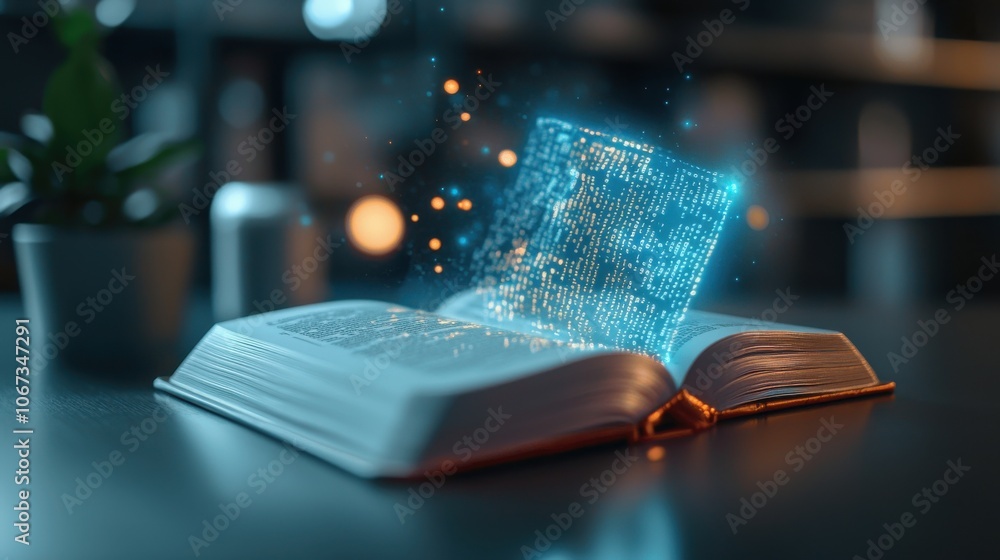 Poster open book with digital elements on dark background