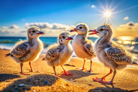 Bright day, adorable seagull chicks on the shore.