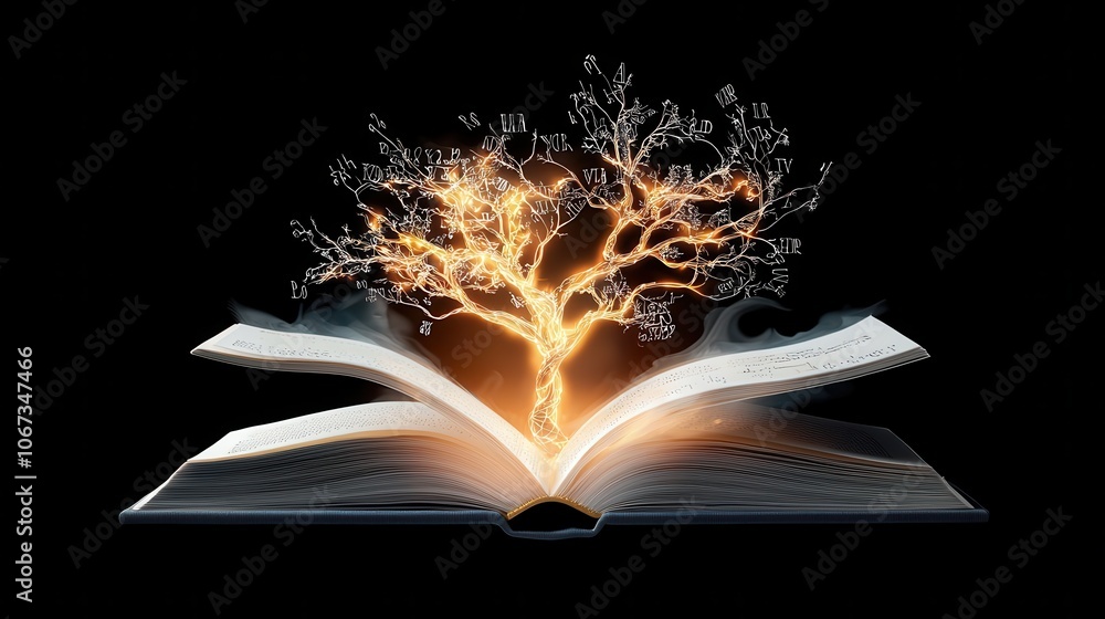 Poster glowing tree emerging from open book