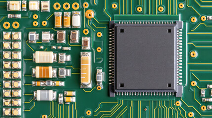 A green circuit board with a black chip on it