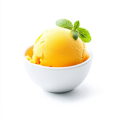 A scoop of mango sorbet in a bowl, isolated on a white background, showcasing a bright and refreshing dessert option