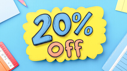 A yellow sign with the word "20% off" written in blue