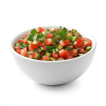 A bowl of fresh pico de gallo with visible tomatoes and cilantro, isolated on a white background, emphasizing a vibrant Mexican salsa