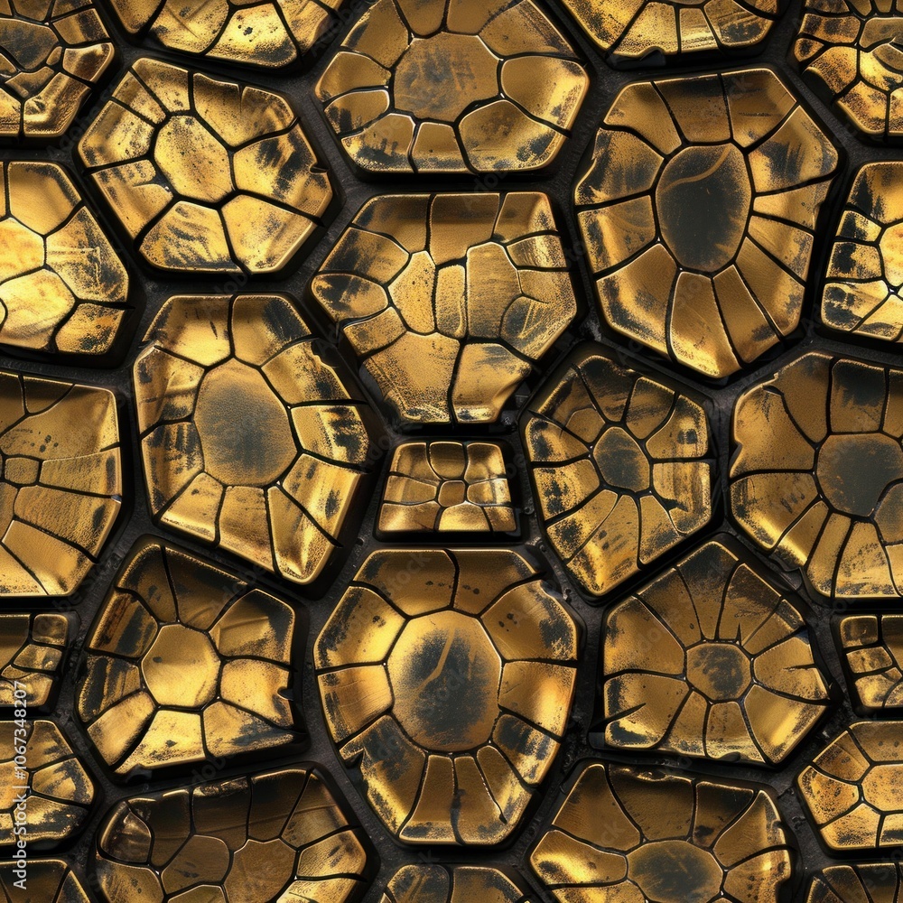 Poster irregular shiny golden turtle pattern with dark cracks.