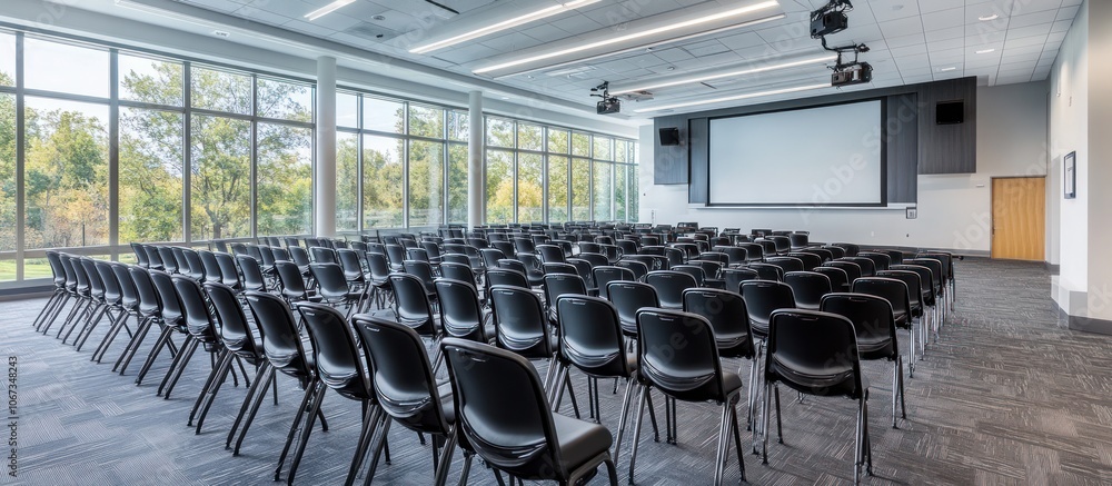 Poster a spacious conference room set up with rows of chairs for an event or presentation.