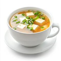 A cup of miso soup with tofu and green onions, isolated on a white background, emphasizing a traditional Japanese dish