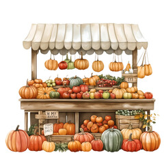A charming market stall overflowing with pumpkins, apples, and other autumnal produce. The stall's rustic design and the colorful display of fruits and vegetables create a festive and inviting scene.