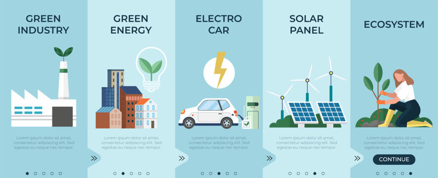 Green energy and industry, electro car, solar panel, ecosystem set. Sustainable clean industrial factory, renewable energy sources and green electricity. Environmental, social, corporate governance