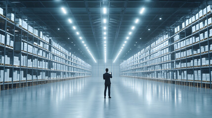 logistics manager monitoring inventory in spacious warehouse