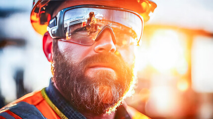 Construction Worker Portrait:  A close-up, sunlit portrait of a determined construction worker, his face partially obscured by safety glasses, showcasing grit and resilience in his profession. 