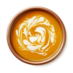A bowl of pumpkin soup with cream swirl, isolated on a white background, showcasing a comforting autumn dish