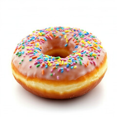 A single glazed donut with rainbow sprinkles, isolated on a white background, showcasing a classic sweet treat