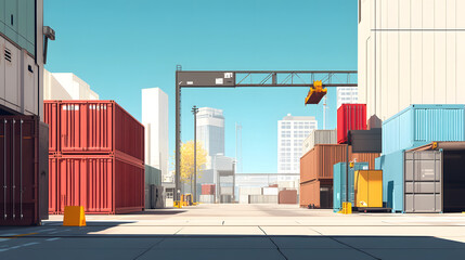 Container freight station with colorful cargo containers and city skyline