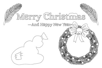 Christmas and New Years Eve themed coloring page featuring a festive wreath and gift bag. Perfect for holiday activities and crafts.