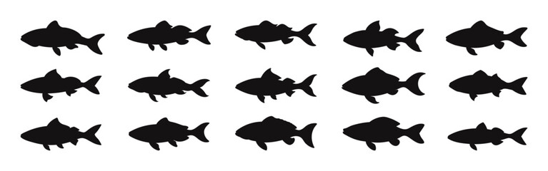 Fototapeta premium Set of salmon silhouette. Fish vector by hand drawing. Fish tattoo on white background. Salmon fish sketch for coloring book. Vector Illustration.