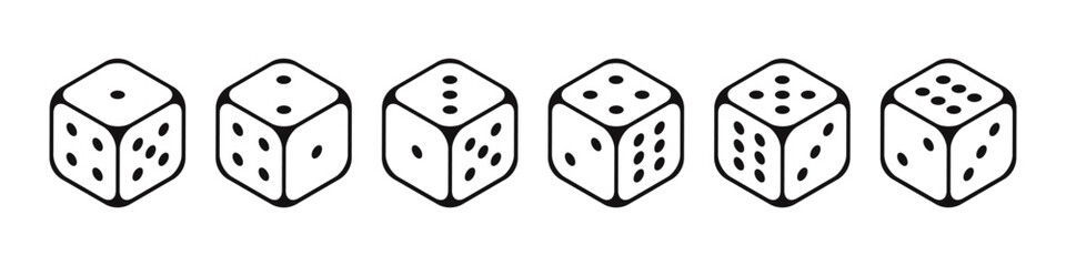 All sides of dices icons set. Dice Faces, Diceline icons collection. Traditional die with different numbers of dots or pips. Vector illustration.